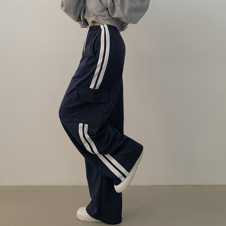 힙 카고 두줄 밴딩 롱 와이드 트레이닝팬츠