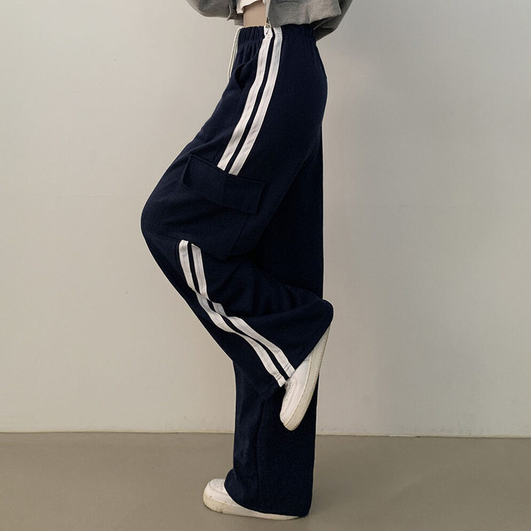 힙 카고 두줄 밴딩 롱 와이드 트레이닝팬츠