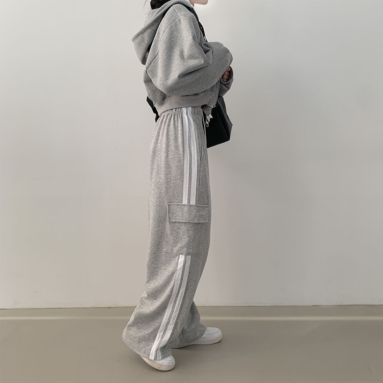 힙 카고 두줄 밴딩 롱 와이드 트레이닝팬츠