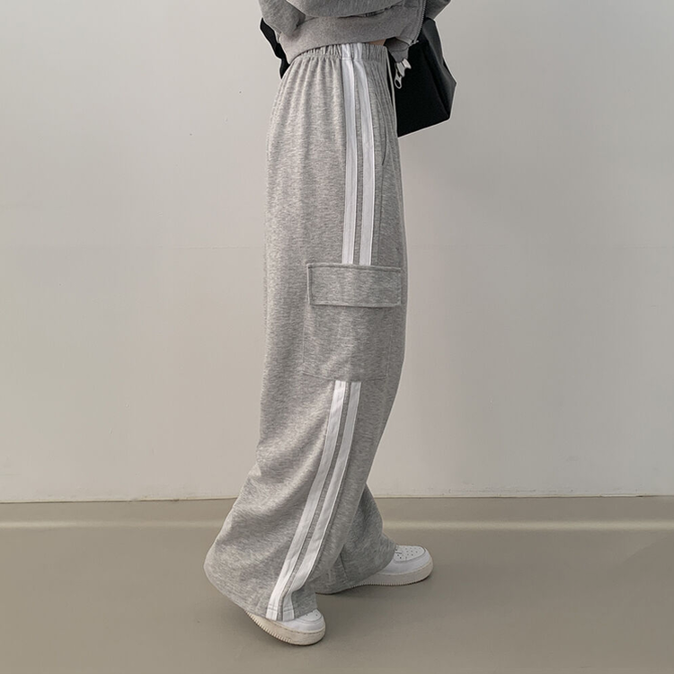 힙 카고 두줄 밴딩 롱 와이드 트레이닝팬츠