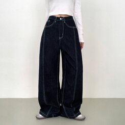 【SHORT/BASIC/LONG 丈別】ステッチコットンスナップボタンワイドデニムパンツ DARK BLUE