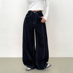 【SHORT/BASIC/LONG 丈別】ステッチコットンスナップボタンワイドデニムパンツ DARK BLUE