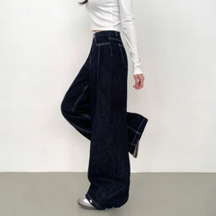 【SHORT/BASIC/LONG 丈別】ステッチコットンスナップボタンワイドデニムパンツ DARK BLUE