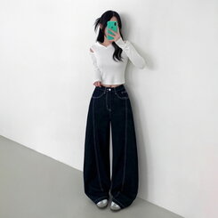 【SHORT/BASIC/LONG 丈別】ステッチコットンスナップボタンワイドデニムパンツ DARK BLUE