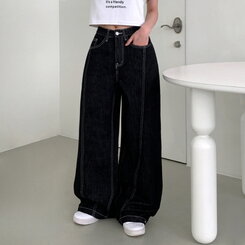 【SHORT/BASIC/LONG 丈別】ステッチコットンスナップボタンワイドデニムパンツ BLACK