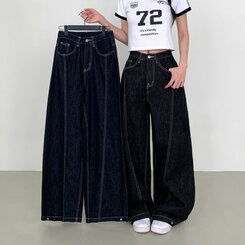 【SHORT/BASIC/LONG 丈別】ステッチコットンスナップボタンワイドデニムパンツ BLACK
