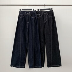 【SHORT/BASIC/LONG 丈別】ステッチコットンスナップボタンワイドデニムパンツ