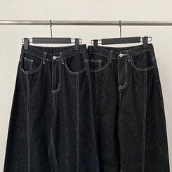 【SHORT/BASIC/LONG 丈別】ステッチコットンスナップボタンワイドデニムパンツ