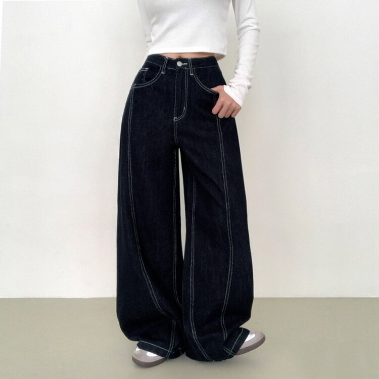 【SHORT/BASIC/LONG 丈別】ステッチコットンスナップボタンワイドデニムパンツ DARK BLUE