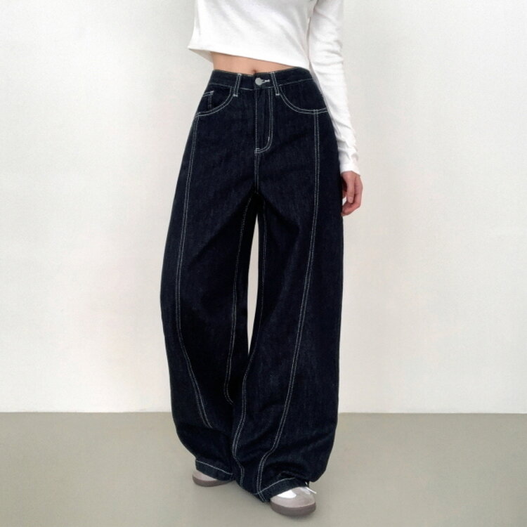 【SHORT/BASIC/LONG 丈別】ステッチコットンスナップボタンワイドデニムパンツ DARK BLUE