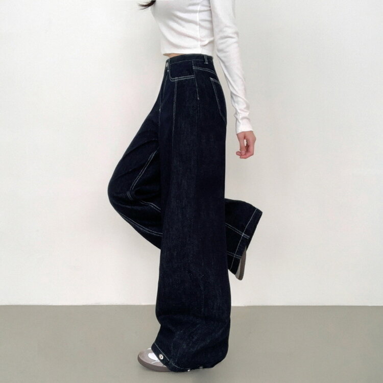 【SHORT/BASIC/LONG 丈別】ステッチコットンスナップボタンワイドデニムパンツ DARK BLUE