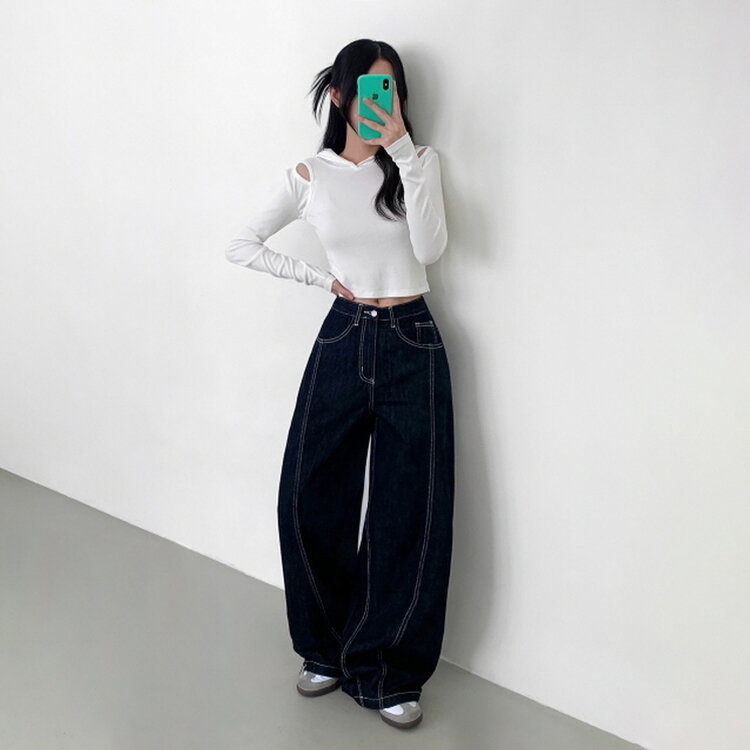 【SHORT/BASIC/LONG 丈別】ステッチコットンスナップボタンワイドデニムパンツ DARK BLUE