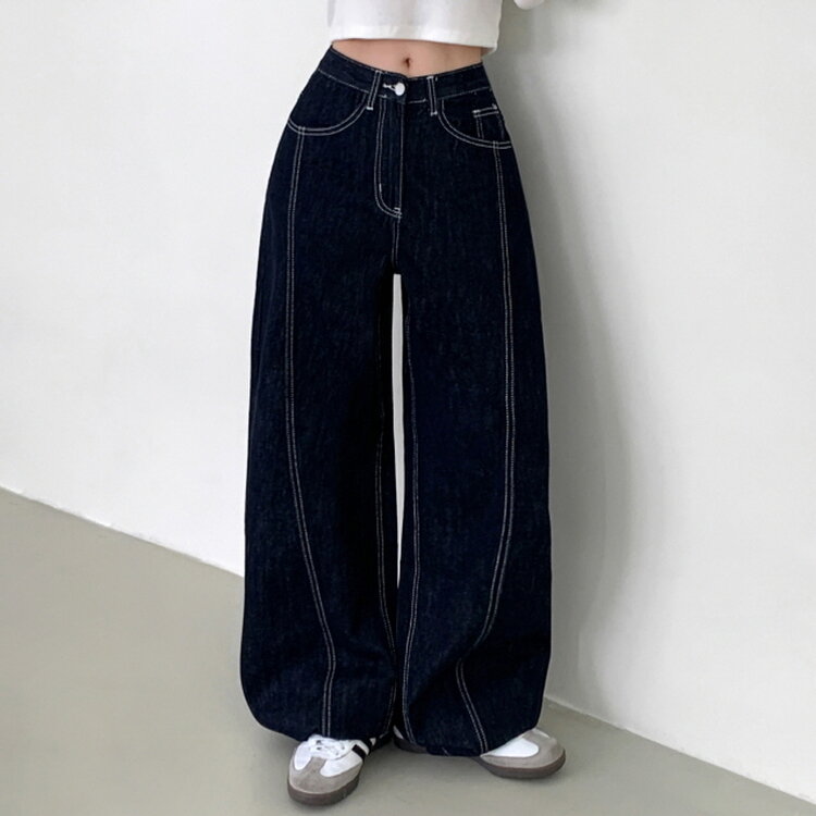 【SHORT/BASIC/LONG 丈別】ステッチコットンスナップボタンワイドデニムパンツ DARK BLUE