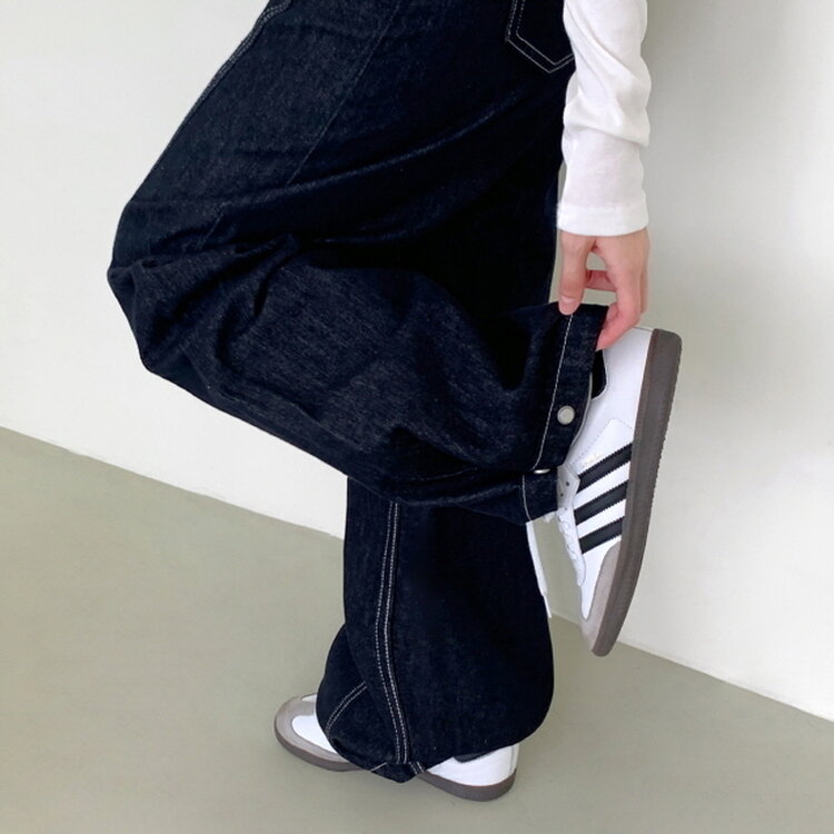 【SHORT/BASIC/LONG 丈別】ステッチコットンスナップボタンワイドデニムパンツ DARK BLUE