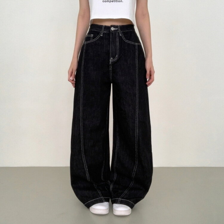 【SHORT/BASIC/LONG 丈別】ステッチコットンスナップボタンワイドデニムパンツ BLACK