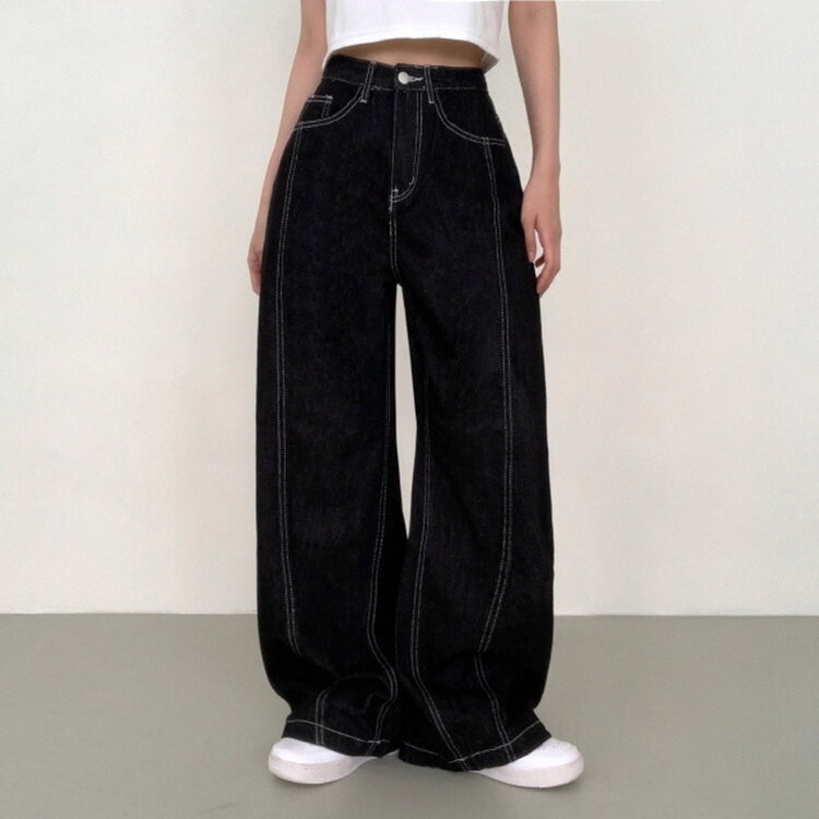 【SHORT/BASIC/LONG 丈別】ステッチコットンスナップボタンワイドデニムパンツ BLACK