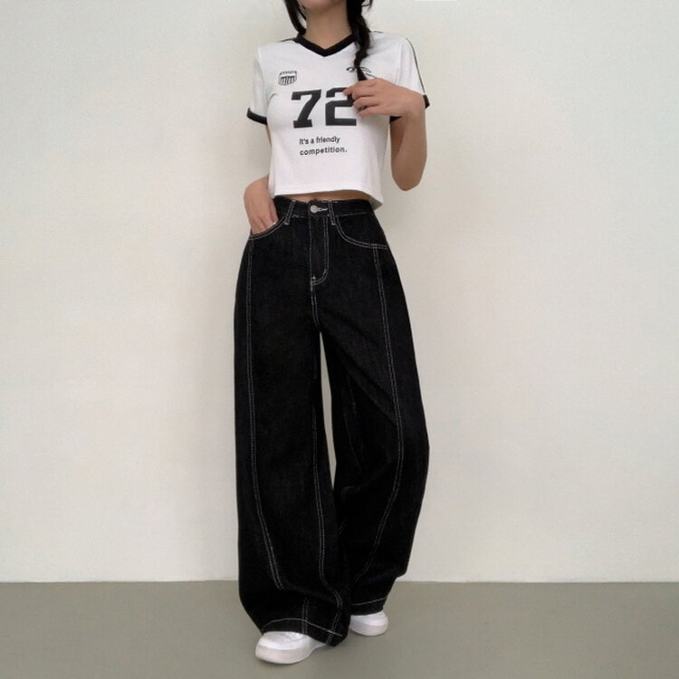 【SHORT/BASIC/LONG 丈別】ステッチコットンスナップボタンワイドデニムパンツ BLACK