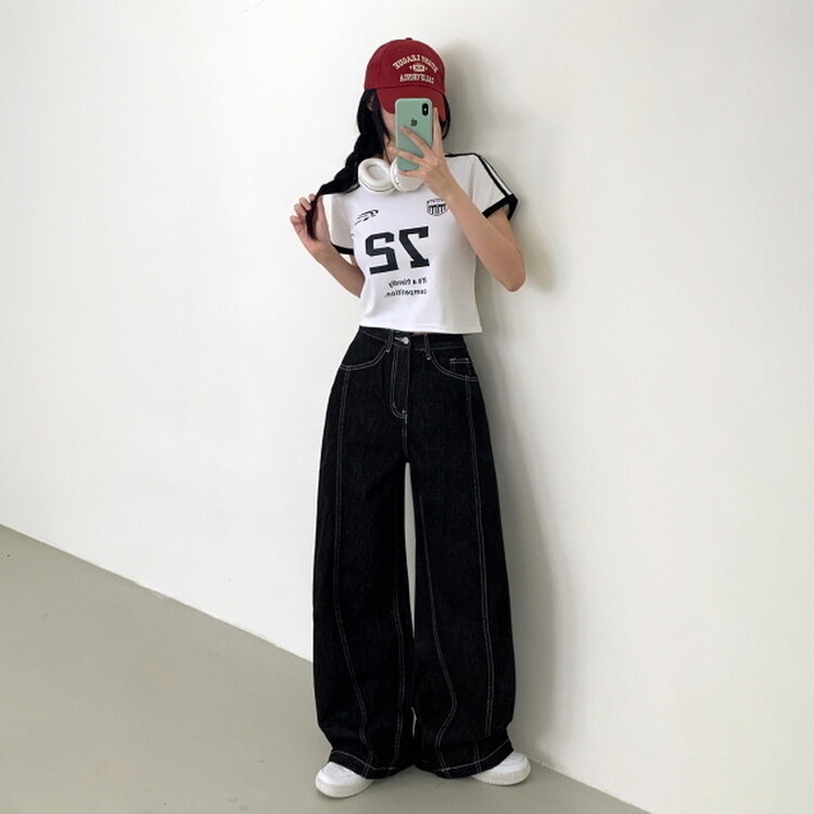 【SHORT/BASIC/LONG 丈別】ステッチコットンスナップボタンワイドデニムパンツ BLACK