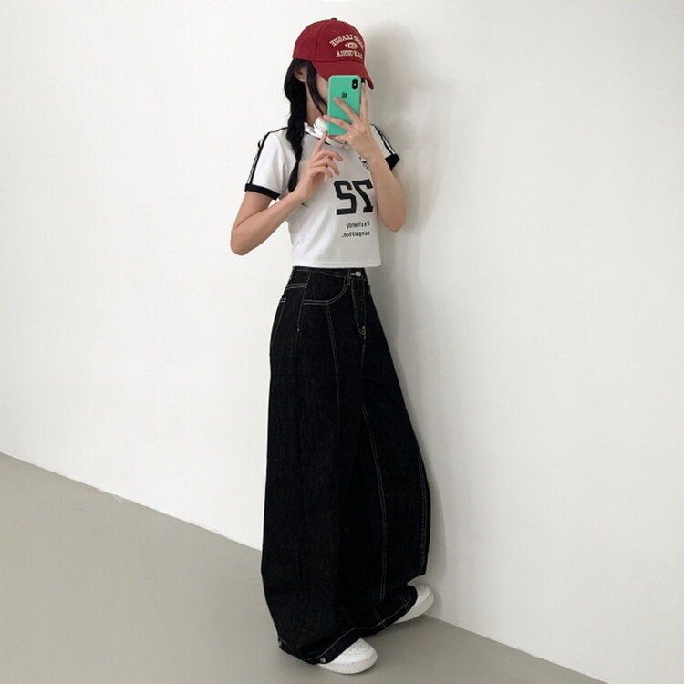 【SHORT/BASIC/LONG 丈別】ステッチコットンスナップボタンワイドデニムパンツ BLACK