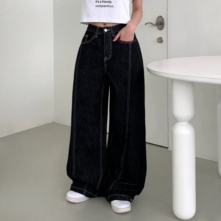 【SHORT/BASIC/LONG 丈別】ステッチコットンスナップボタンワイドデニムパンツ BLACK