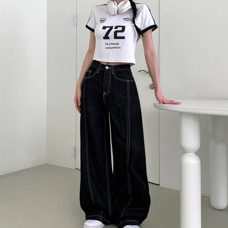 【SHORT/BASIC/LONG 丈別】ステッチコットンスナップボタンワイドデニムパンツ BLACK