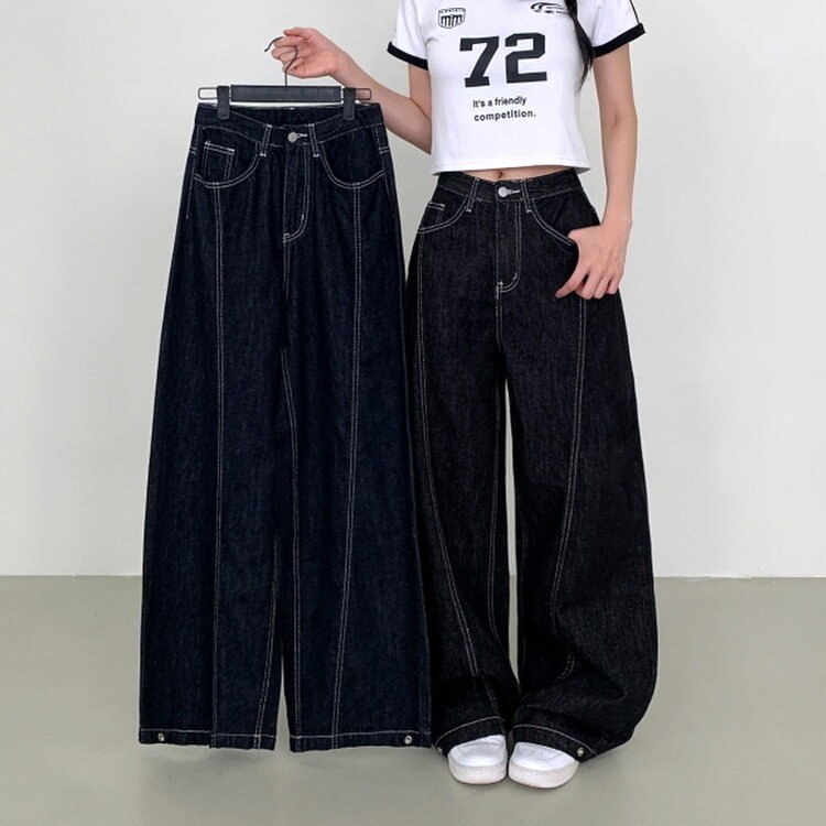 【SHORT/BASIC/LONG 丈別】ステッチコットンスナップボタンワイドデニムパンツ BLACK