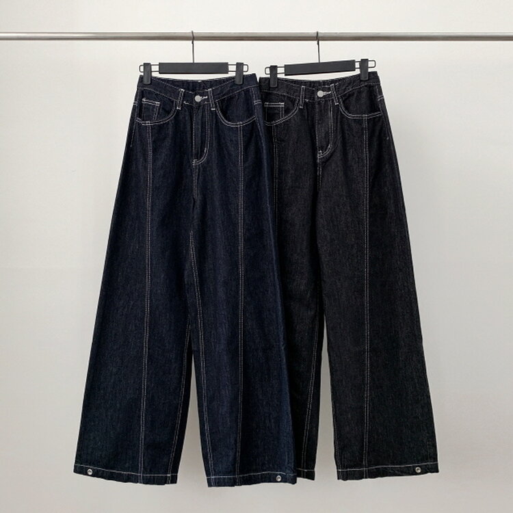 【SHORT/BASIC/LONG 丈別】ステッチコットンスナップボタンワイドデニムパンツ