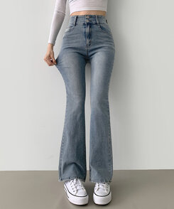 【SHORT/BASIC/LONG 丈別】ツーボタンビンテージブーツカットスパンデニムパンツ5色 LIGHT BLUE