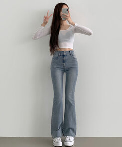 【SHORT/BASIC/LONG 丈別】ツーボタンビンテージブーツカットスパンデニムパンツ5色 LIGHT BLUE