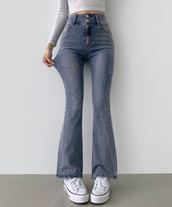 【SHORT/BASIC/LONG 丈別】ツーボタンビンテージブーツカットスパンデニムパンツ5色 DARK BLUE