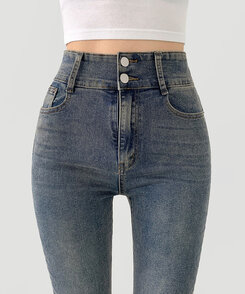 【SHORT/BASIC/LONG 丈別】ツーボタンビンテージブーツカットスパンデニムパンツ5色 DARK DENIM