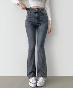 【SHORT/BASIC/LONG 丈別】ツーボタンビンテージブーツカットスパンデニムパンツ5色 DARK DENIM