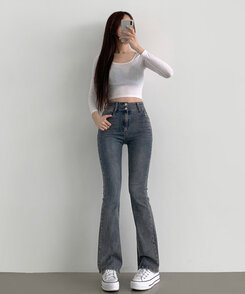 【SHORT/BASIC/LONG 丈別】ツーボタンビンテージブーツカットスパンデニムパンツ5色 DARK DENIM