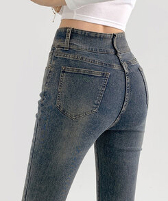 【SHORT/BASIC/LONG 丈別】ツーボタンビンテージブーツカットスパンデニムパンツ5色 DARK DENIM