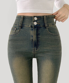 【SHORT/BASIC/LONG 丈別】ツーボタンビンテージブーツカットスパンデニムパンツ5色 Vintage Yellow