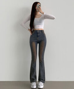 【SHORT/BASIC/LONG 丈別】ツーボタンビンテージブーツカットスパンデニムパンツ5色 VINTAGE RED