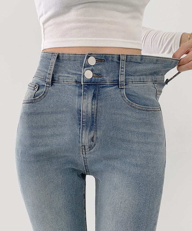 【SHORT/BASIC/LONG 丈別】ツーボタンビンテージブーツカットスパンデニムパンツ5色 LIGHT BLUE