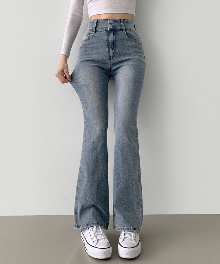 【SHORT/BASIC/LONG 丈別】ツーボタンビンテージブーツカットスパンデニムパンツ5色 LIGHT BLUE