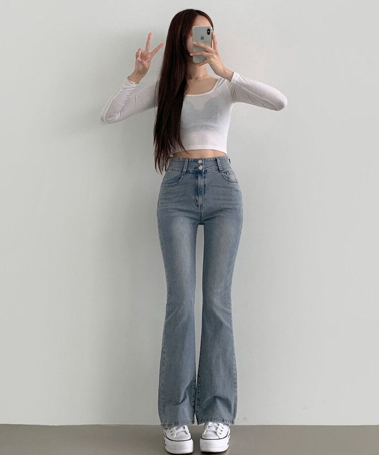 【SHORT/BASIC/LONG 丈別】ツーボタンビンテージブーツカットスパンデニムパンツ5色 LIGHT BLUE