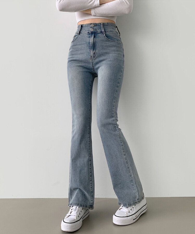 【SHORT/BASIC/LONG 丈別】ツーボタンビンテージブーツカットスパンデニムパンツ5色 LIGHT BLUE