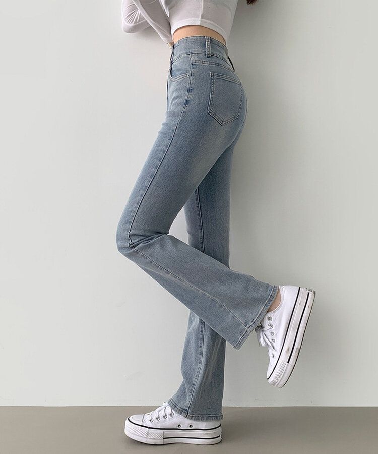 【SHORT/BASIC/LONG 丈別】ツーボタンビンテージブーツカットスパンデニムパンツ5色 LIGHT BLUE