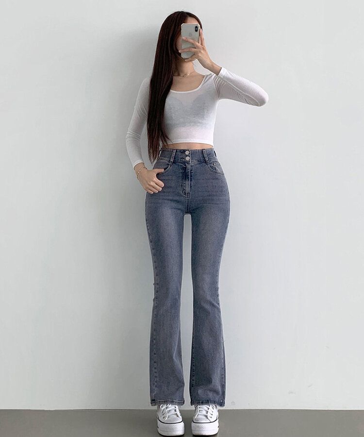 【SHORT/BASIC/LONG 丈別】ツーボタンビンテージブーツカットスパンデニムパンツ5色 DARK BLUE