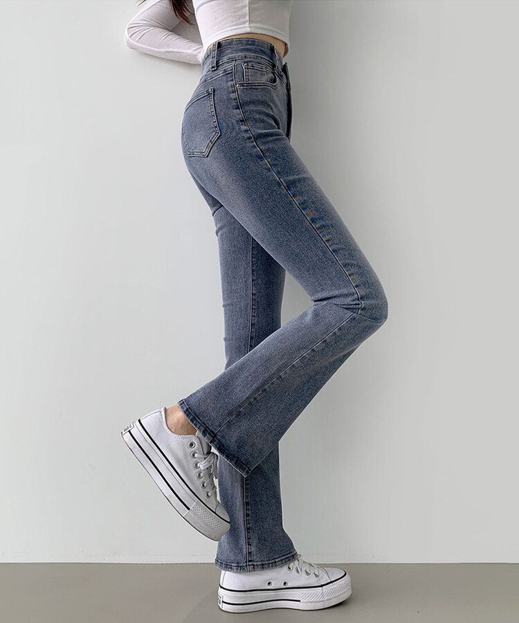 【SHORT/BASIC/LONG 丈別】ツーボタンビンテージブーツカットスパンデニムパンツ5色 DARK BLUE