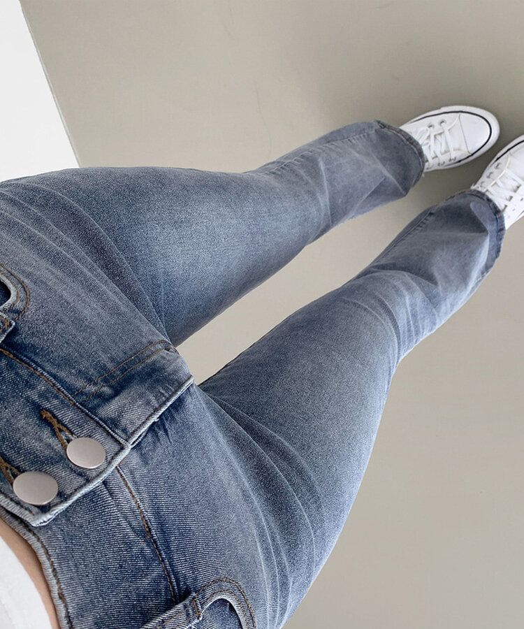 【SHORT/BASIC/LONG 丈別】ツーボタンビンテージブーツカットスパンデニムパンツ5色 DARK BLUE