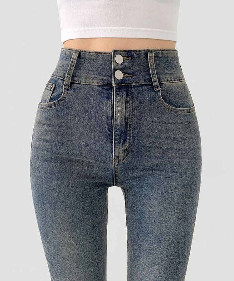 【SHORT/BASIC/LONG 丈別】ツーボタンビンテージブーツカットスパンデニムパンツ5色 DARK DENIM