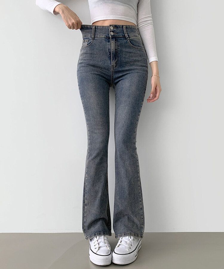 【SHORT/BASIC/LONG 丈別】ツーボタンビンテージブーツカットスパンデニムパンツ5色 DARK DENIM