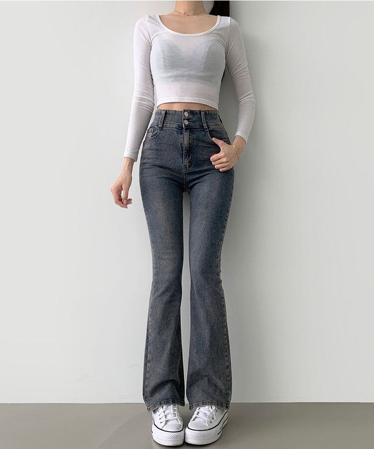 【SHORT/BASIC/LONG 丈別】ツーボタンビンテージブーツカットスパンデニムパンツ5色 DARK DENIM