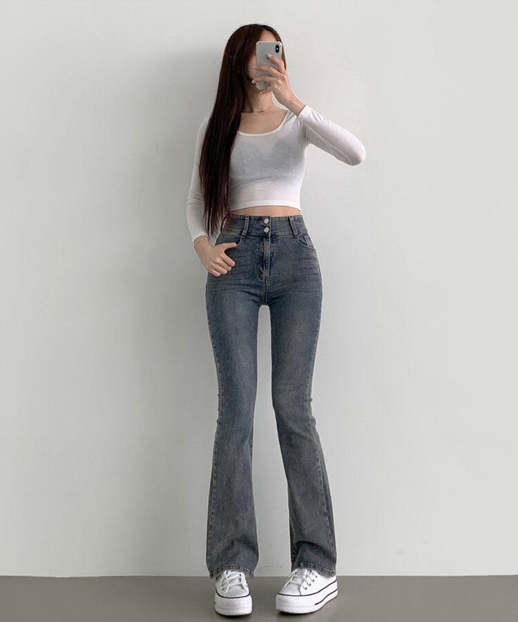 【SHORT/BASIC/LONG 丈別】ツーボタンビンテージブーツカットスパンデニムパンツ5色 DARK DENIM