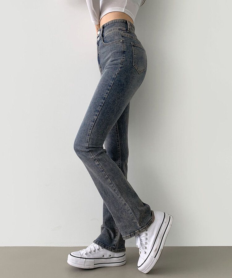 【SHORT/BASIC/LONG 丈別】ツーボタンビンテージブーツカットスパンデニムパンツ5色 DARK DENIM