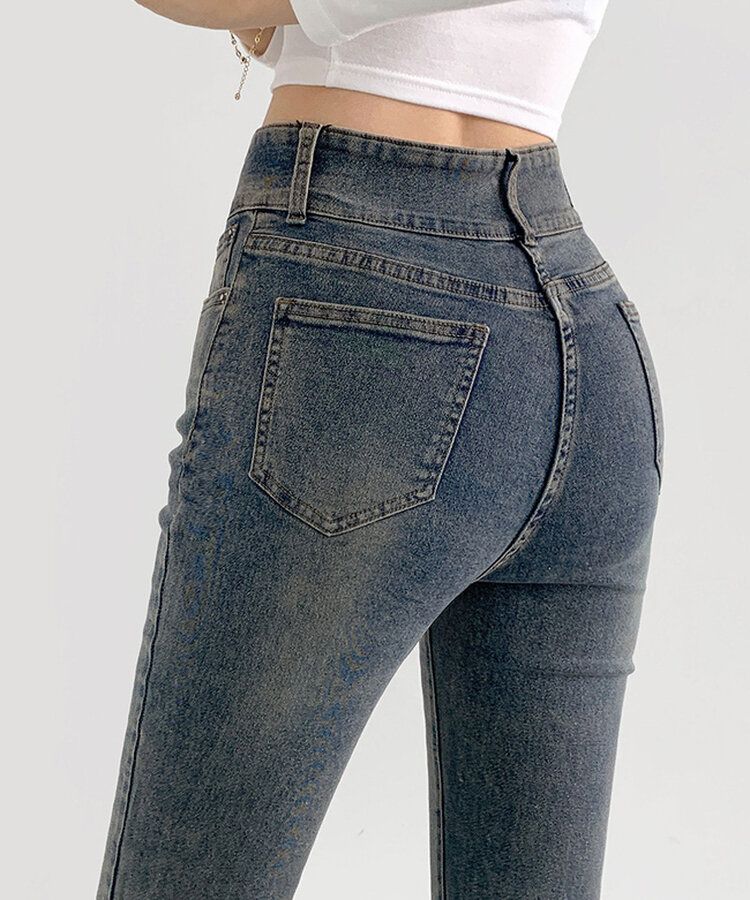 【SHORT/BASIC/LONG 丈別】ツーボタンビンテージブーツカットスパンデニムパンツ5色 DARK DENIM